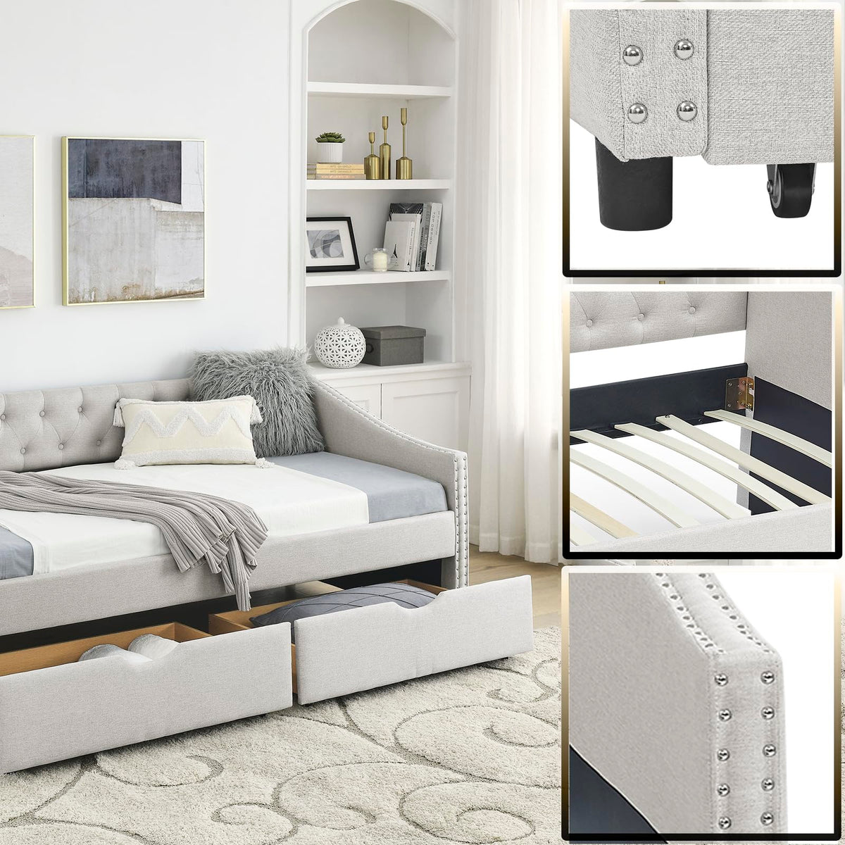 Twin Linen Upholstered Daybed with 2 Storage Drawers B650804