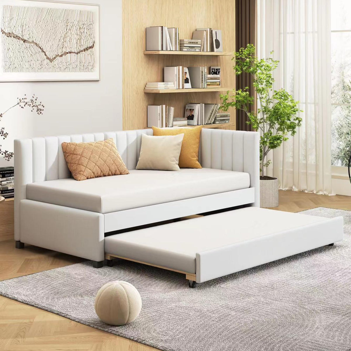 Upholstered Daybed with Trundle Linen Fabric Beige Twin D6510