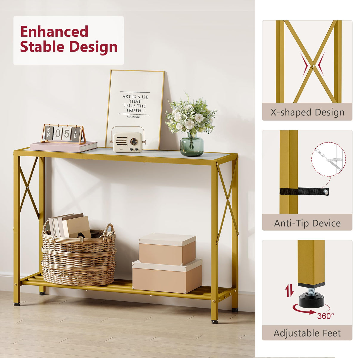41.8" 2 Tier Gold Console Table with Shelves G799