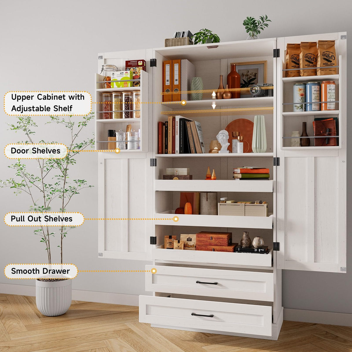 71" Off-White Kitchen Pantry Cabinet with 3 Pull-Out Shelf & 2 Drawer U639