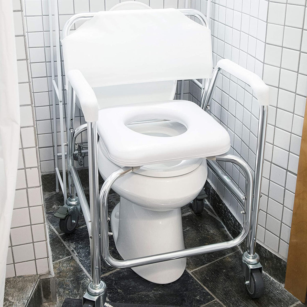 Rolling Shower Commode Chair Aluminum Frame White 250 Lb. Weight Capacity H7815