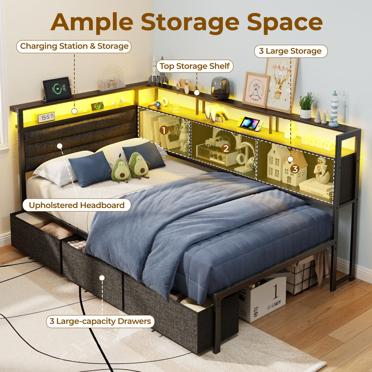 Twin Corner Bed Frame with Upholstered Headboard, 3 Storage Drawers P1929