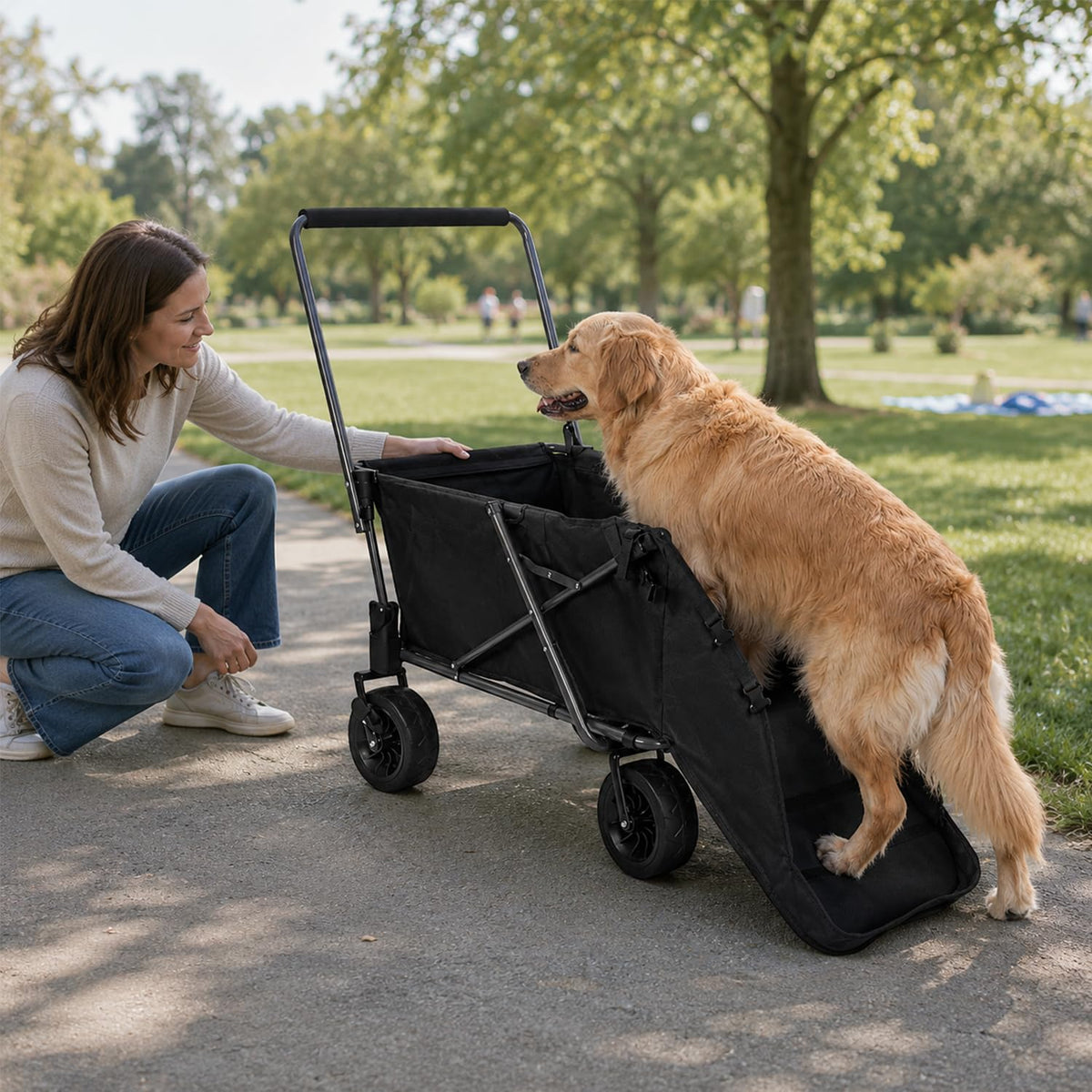 Folding Dog Wagon Cart with Extendable Rear End, 220L Collapsible Utility Cart, Black U74150