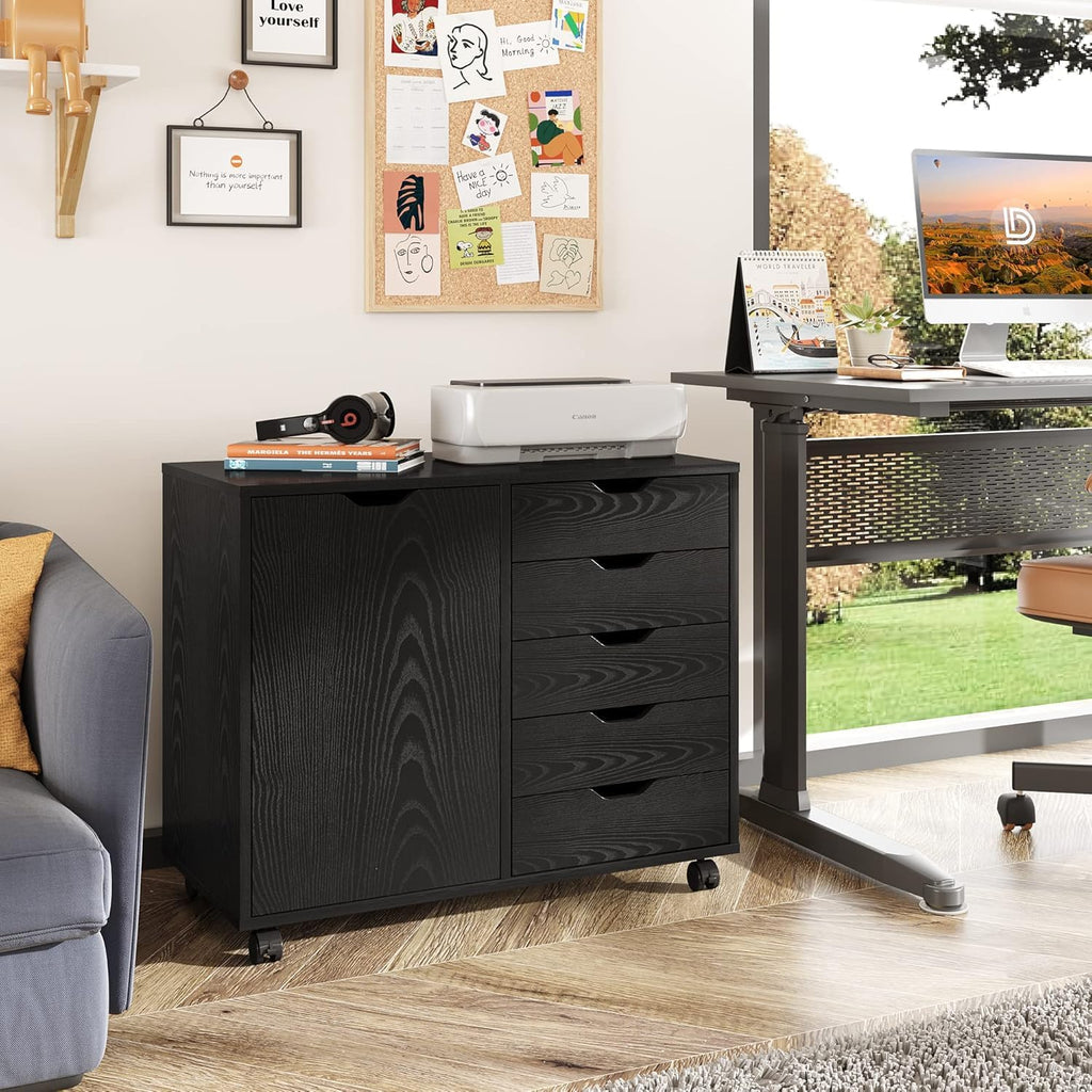 Black 5 Drawer Wood Storage Cabinet with Wheels V54525