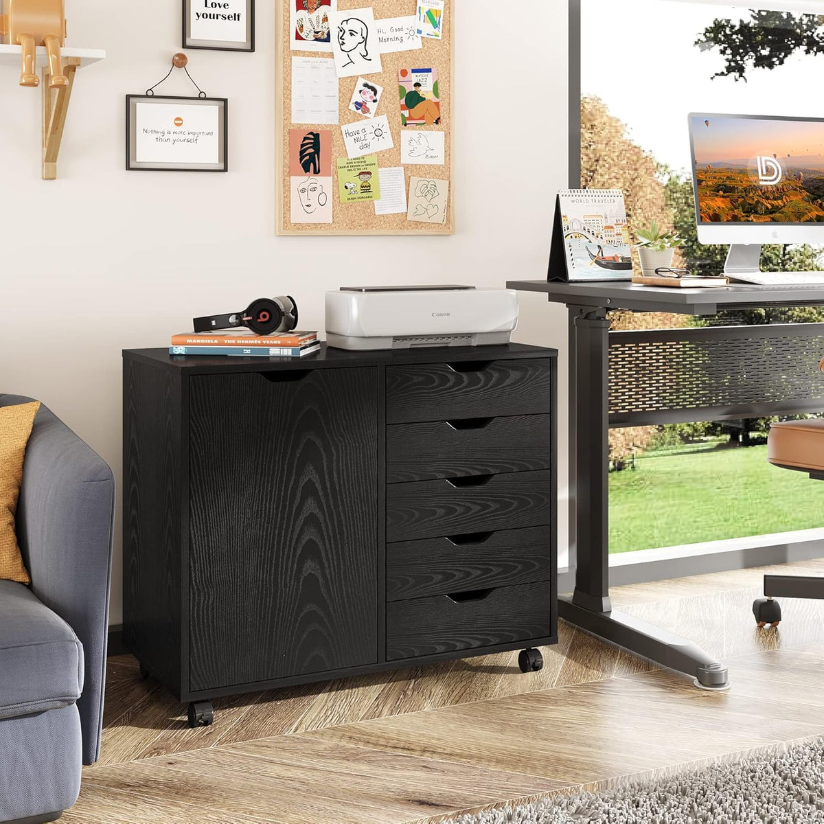 Black 5 Drawer Wood Storage Cabinet with Wheels V54525