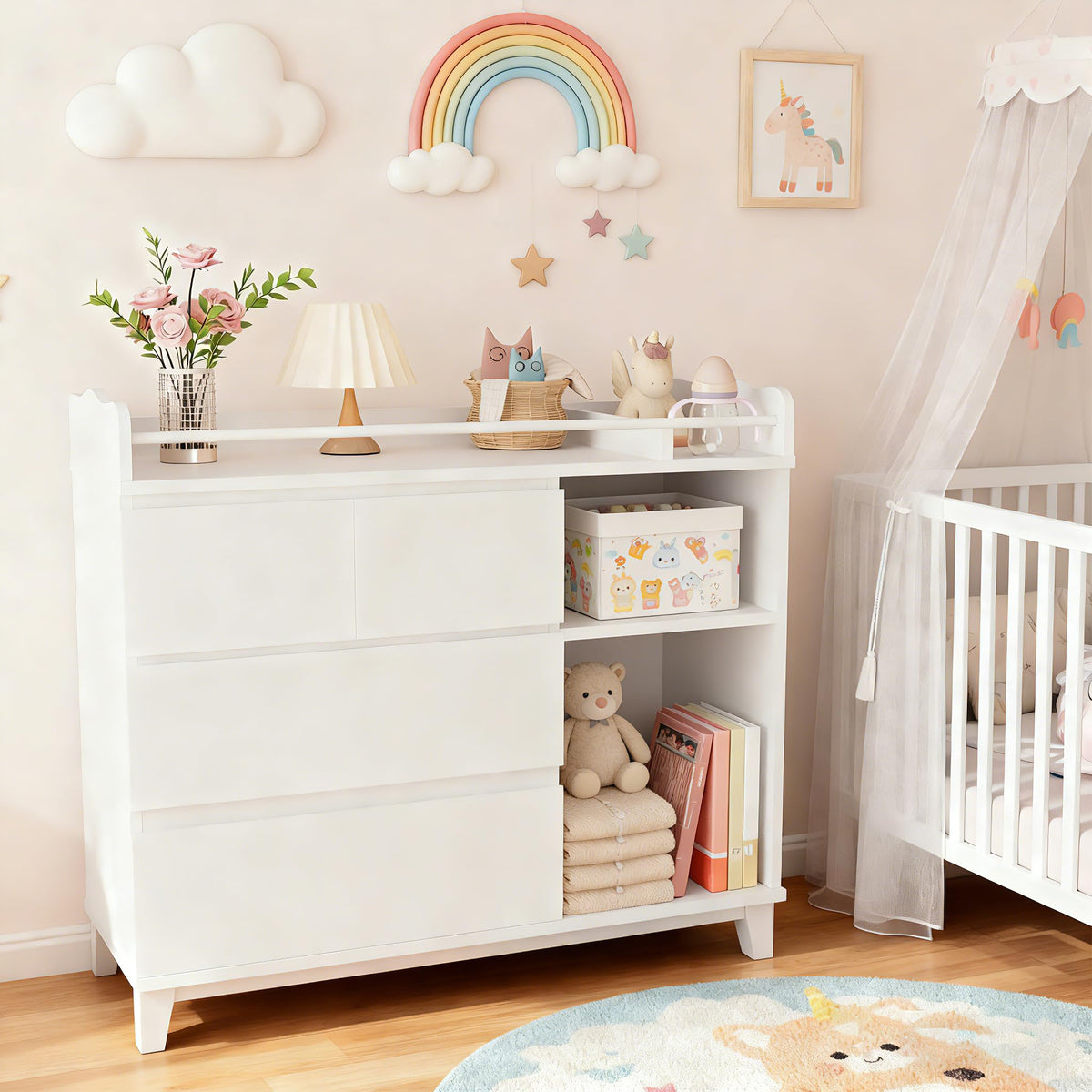 White Baby Changing Table with 4 Drawers W3837