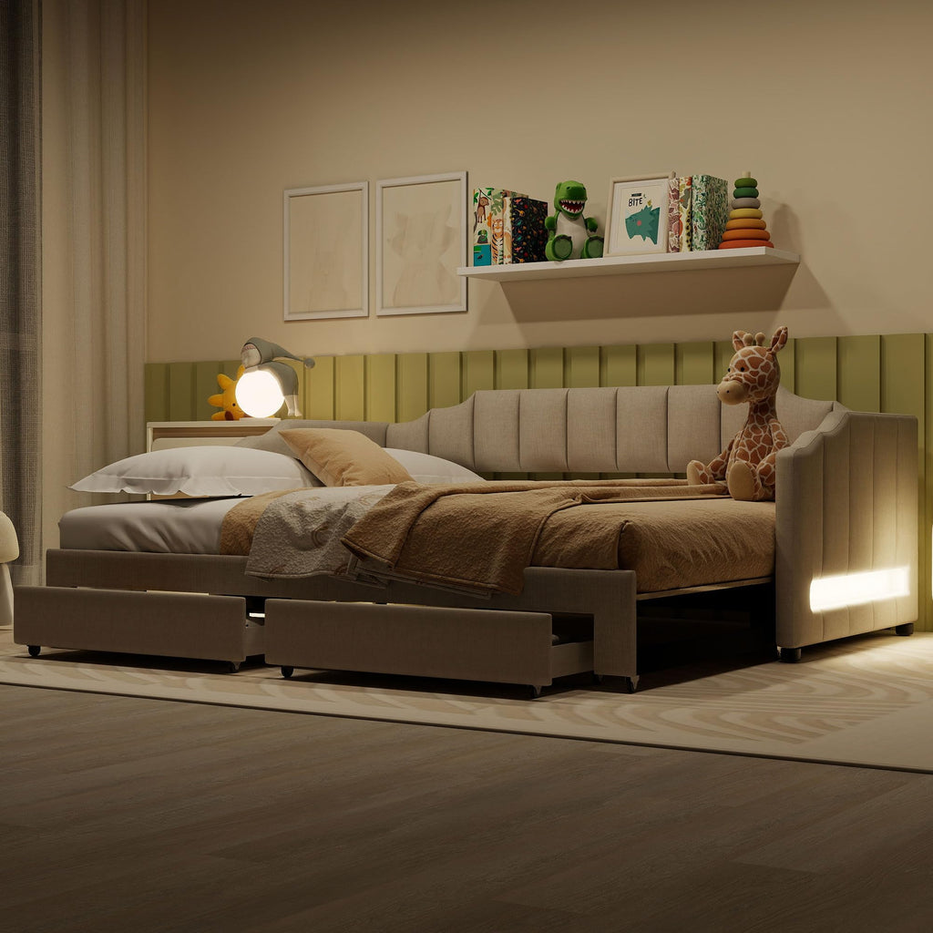 Twin XL Linen Upholstered Daybed with Storage Drawers and LED Light S211