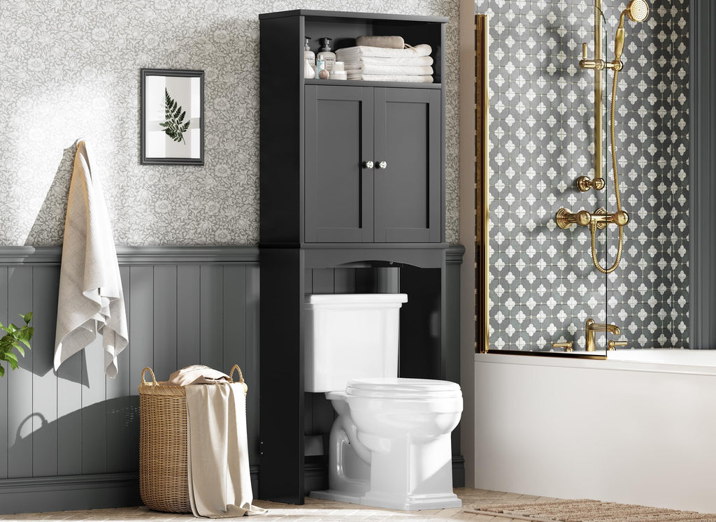 Over The Toilet Storage Cabinet with Adjustable Shelf and Double Door, Black G63899