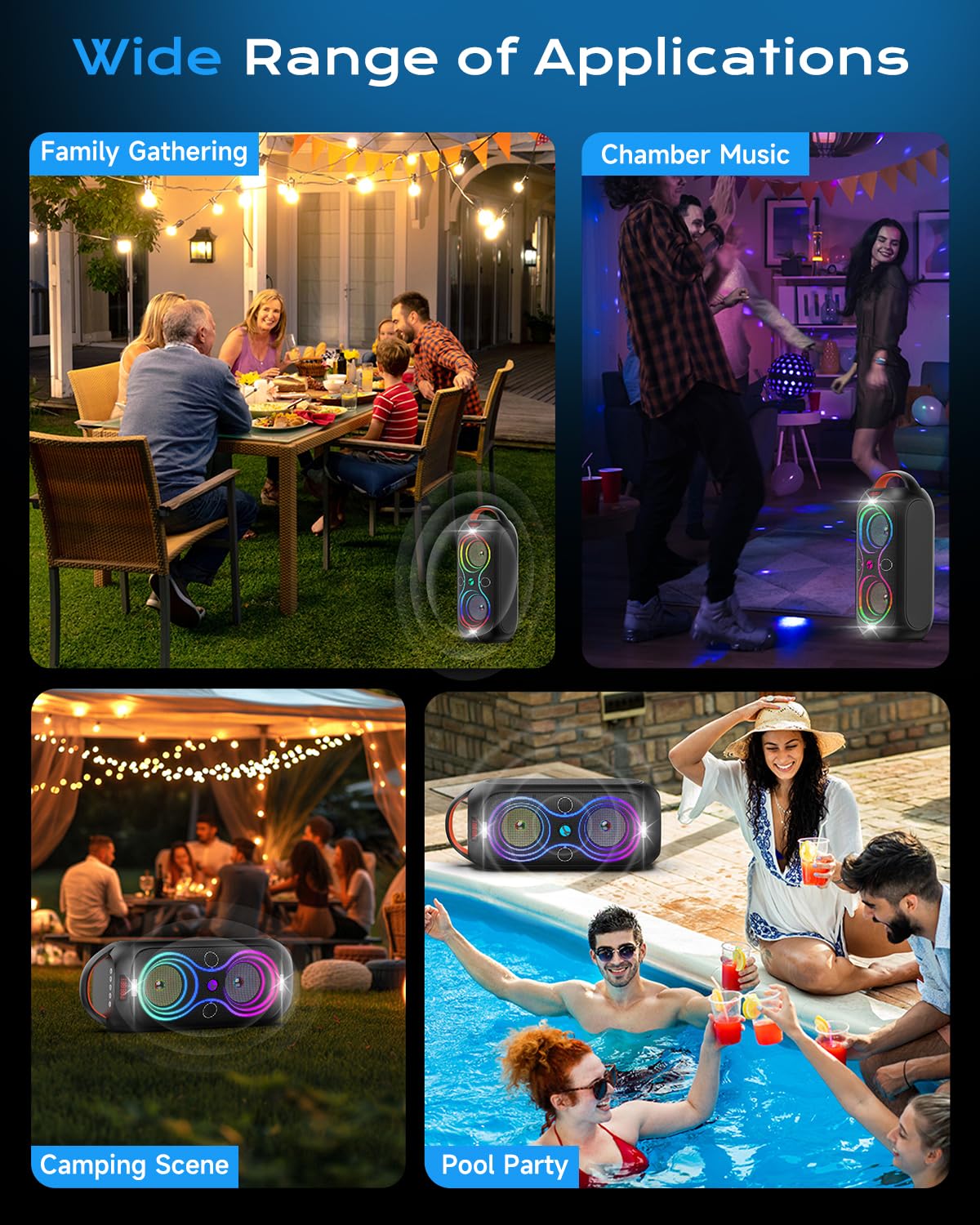 Party Bluetooth Speaker with Dual 4" Woofers, 60W Peak Power, 12H Playtime, Dynamic LED Lights, TWS, FM, AUX, USB, Mic Input, Portable Rechargeable Speaker for Indoor & Outdoor Events -Updated Version E952118