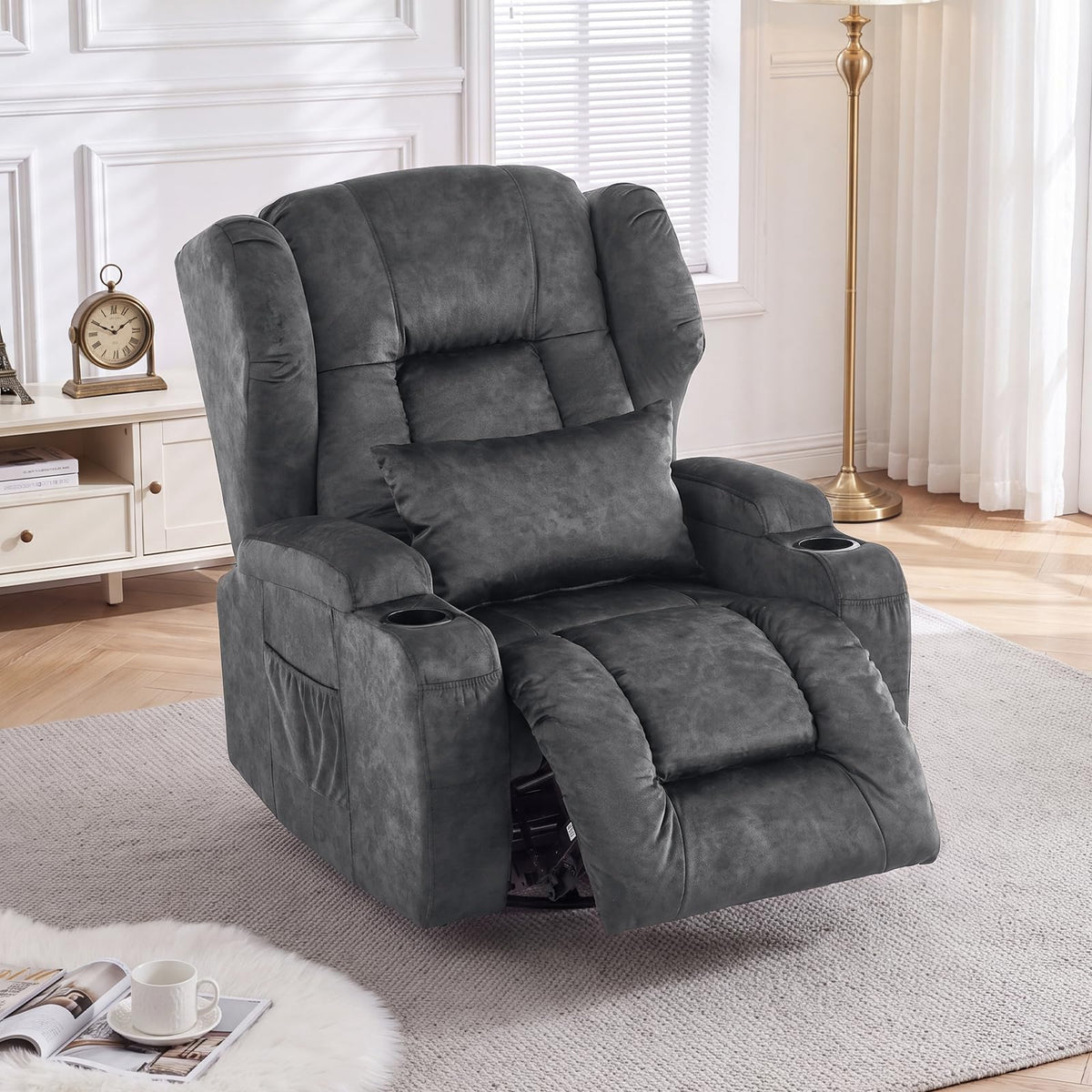 Oversized Velvet Swivel Rocker Recliner Chair with Cup Holders R48189