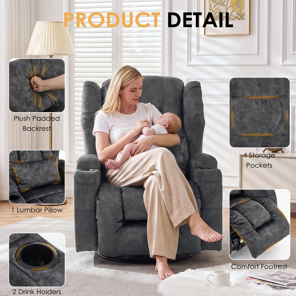 Oversized Velvet Swivel Rocker Recliner Chair with Cup Holders R48189