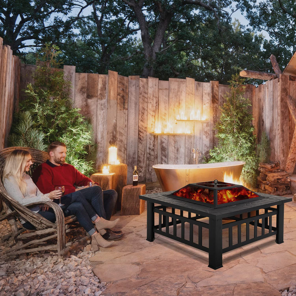 32" Square Wood Burning Fire Pit Table with Spark Screen Q392
