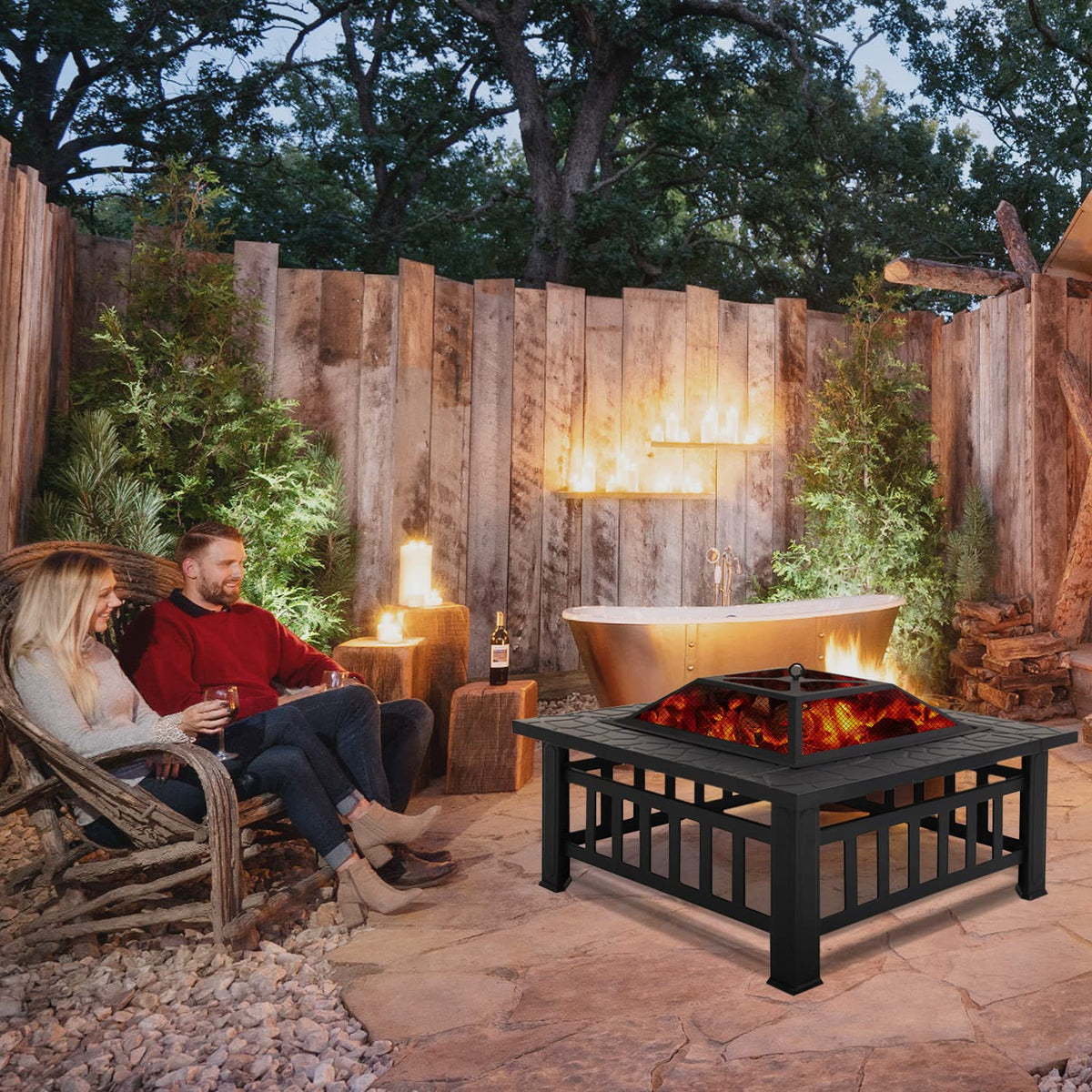 32" Square Wood Burning Fire Pit Table with Spark Screen Q392