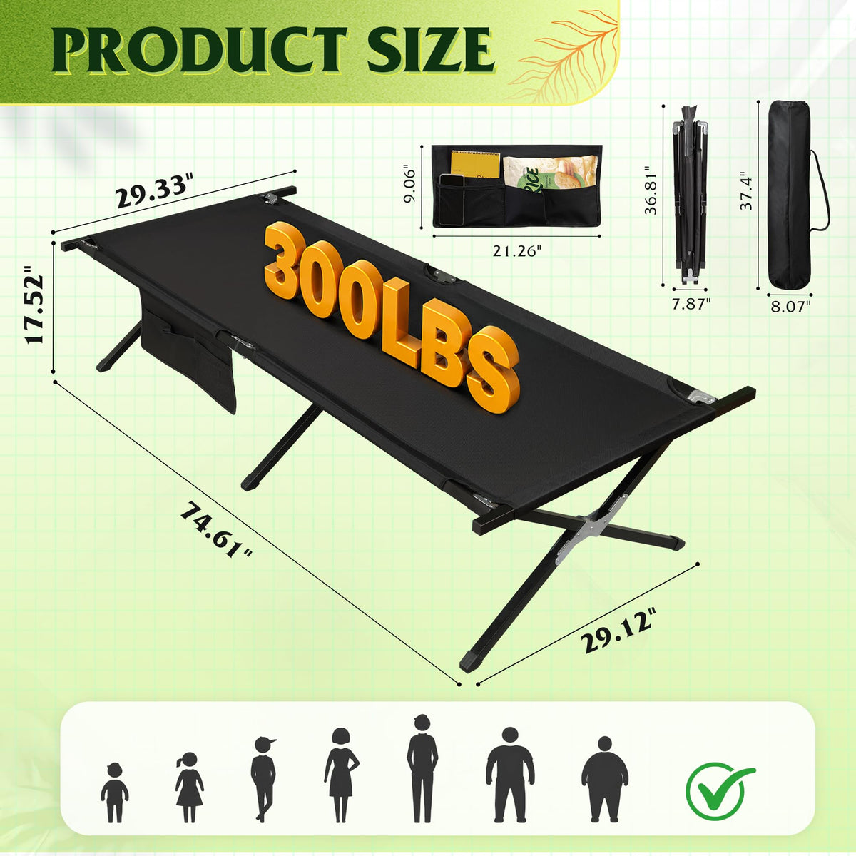 Folding Camping Cot with Carry Bag, 300 lb, Black S91162