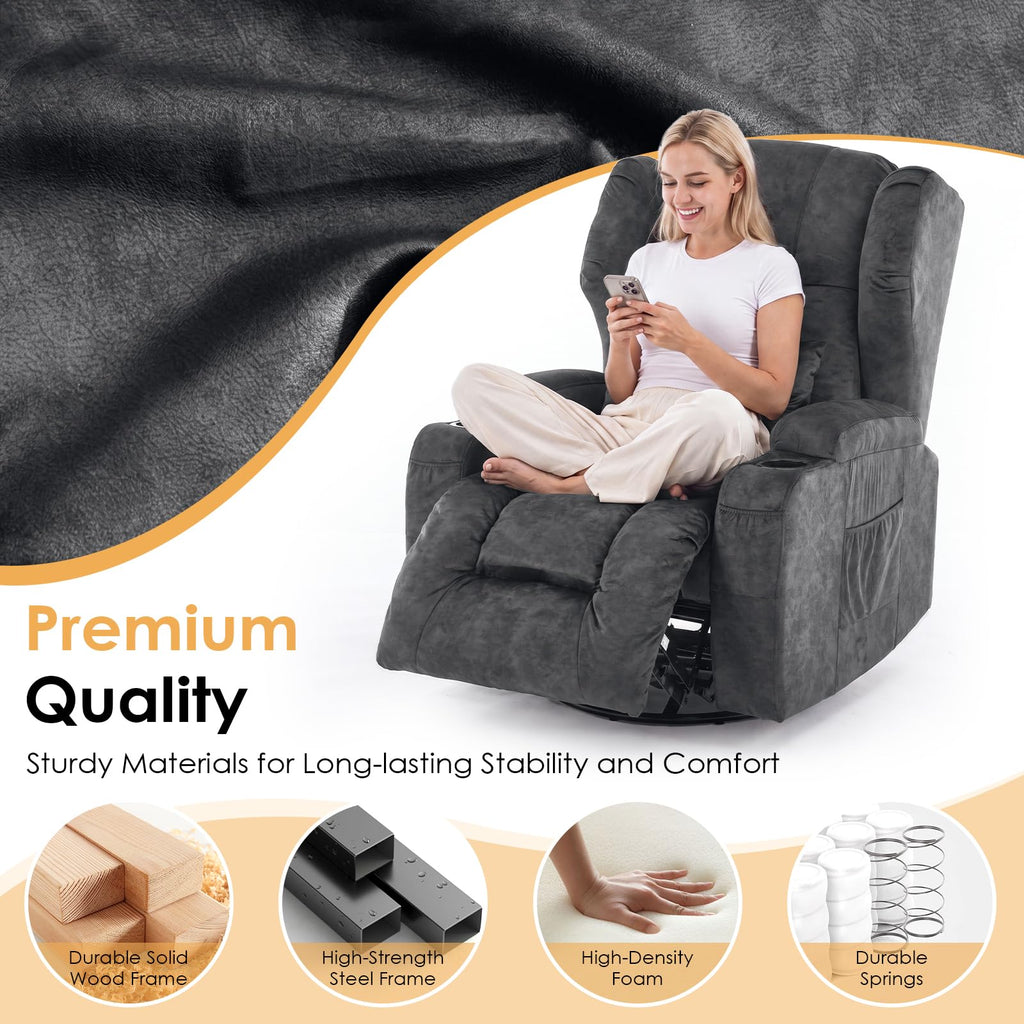 Oversized Velvet Swivel Rocker Recliner Chair with Cup Holders R48189
