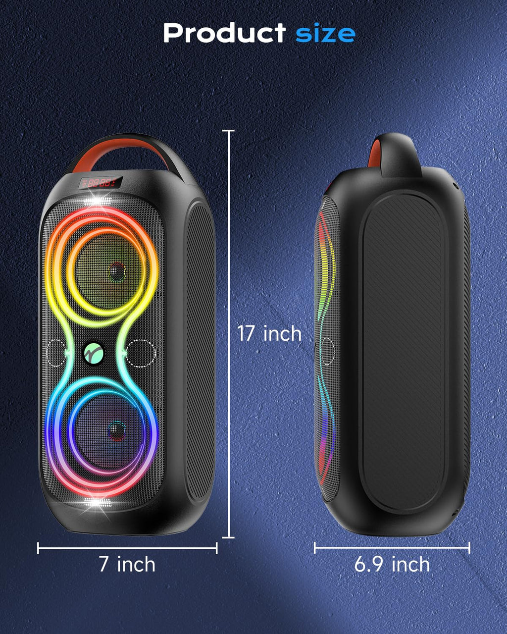 Party Bluetooth Speaker with Dual 4" Woofers, 60W Peak Power, 12H Playtime, Dynamic LED Lights, TWS, FM, AUX, USB, Mic Input, Portable Rechargeable Speaker for Indoor & Outdoor Events -Updated Version E952118