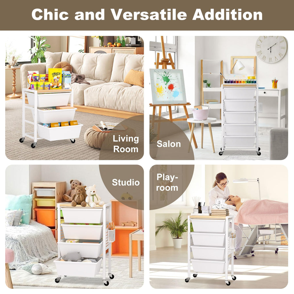 Rolling Storage Cart with 5 Plastic Drawers and Wooden Tabletop S91056