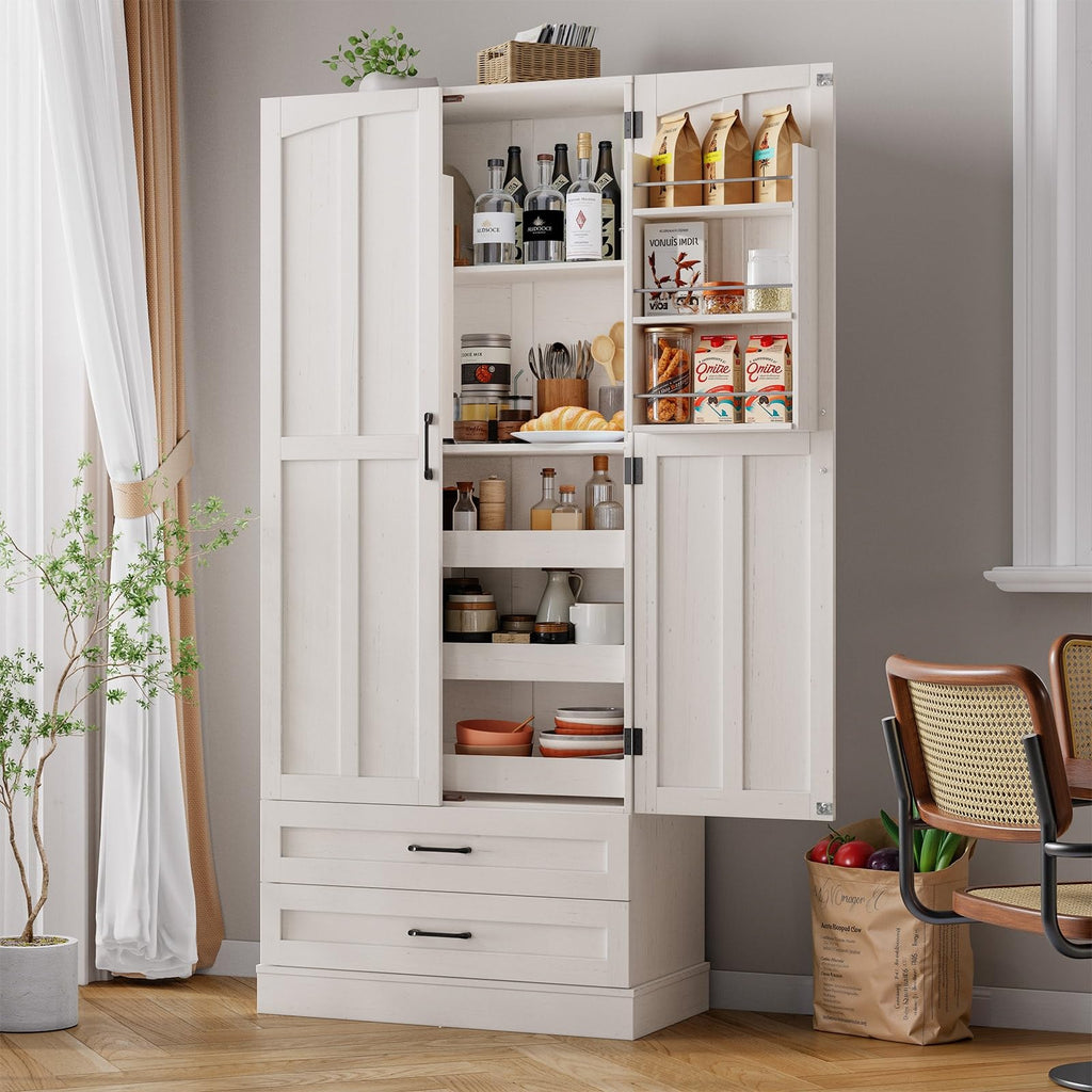 71" Off-White Kitchen Pantry Cabinet with 3 Pull-Out Shelf & 2 Drawer U639