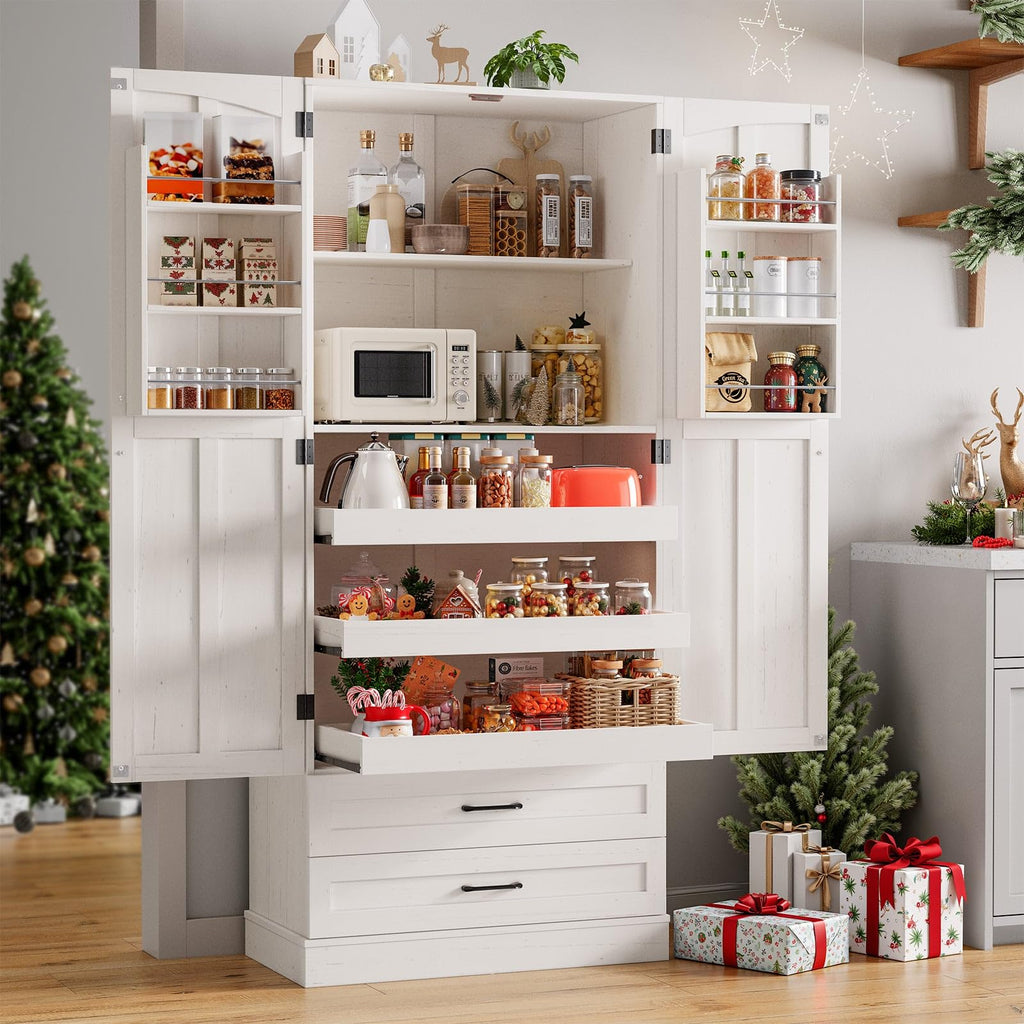 71" Off-White Kitchen Pantry Cabinet with 3 Pull-Out Shelf & 2 Drawer U639