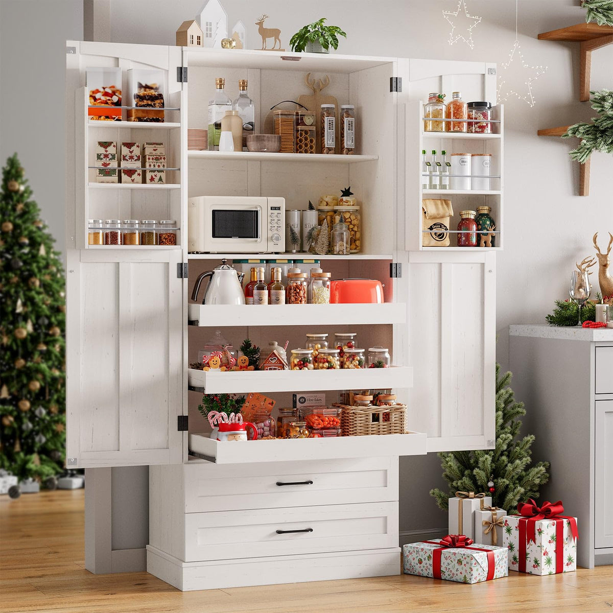 71" Off-White Kitchen Pantry Cabinet with 3 Pull-Out Shelf & 2 Drawer U639