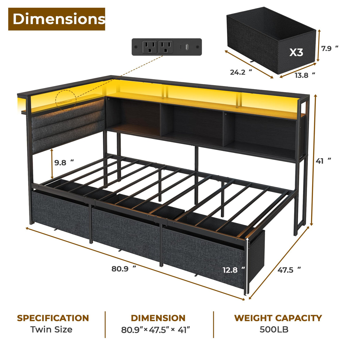 Twin Corner Bed Frame with Upholstered Headboard, 3 Storage Drawers P1929