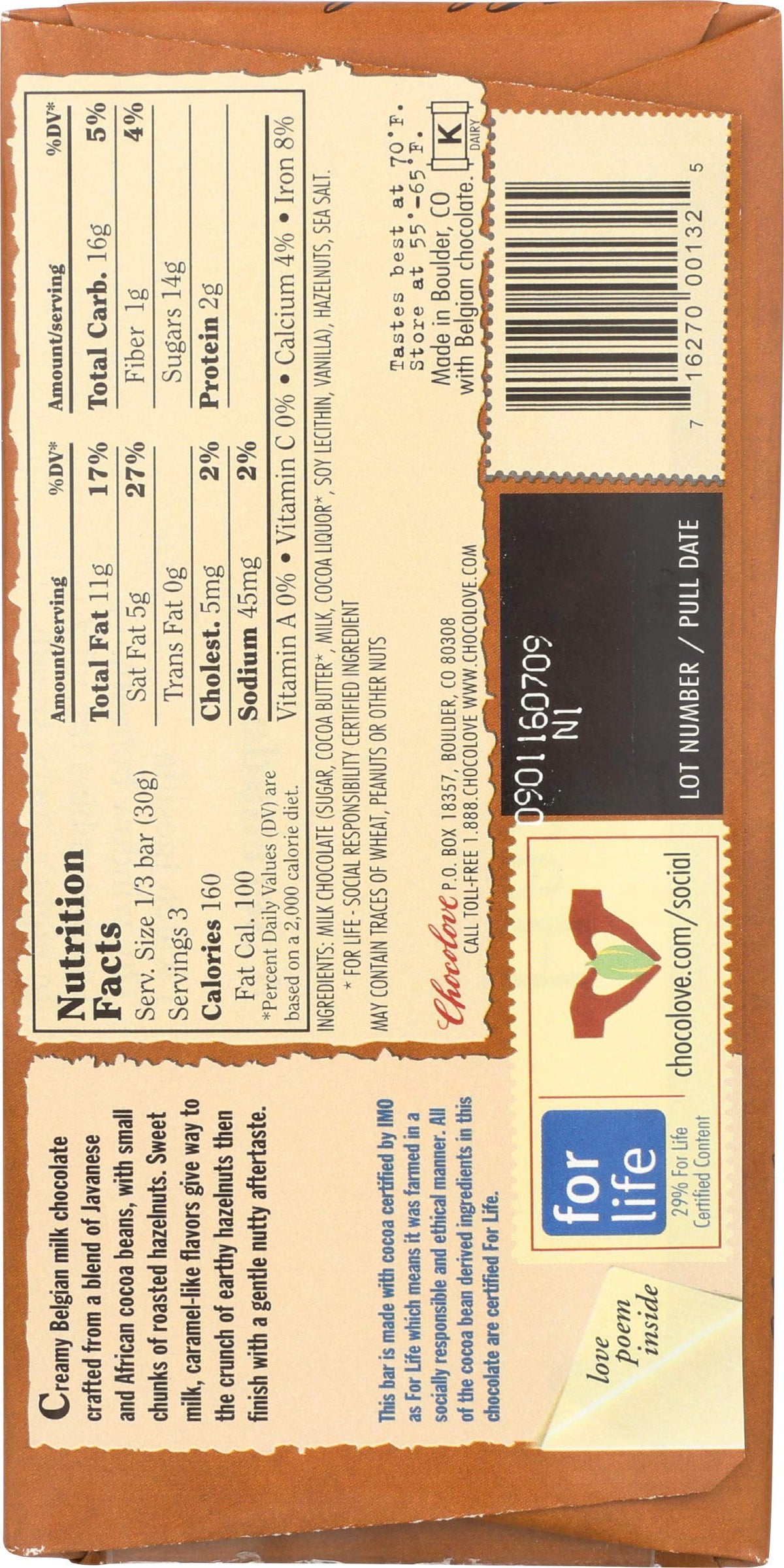 Hazelnut Milk Chocolate Bar 3.2 OZ W5720