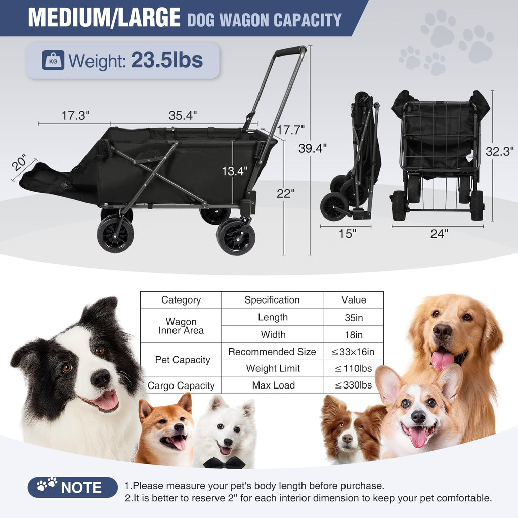 Folding Dog Wagon Cart with Extendable Rear End, 220L Collapsible Utility Cart, Black U74150