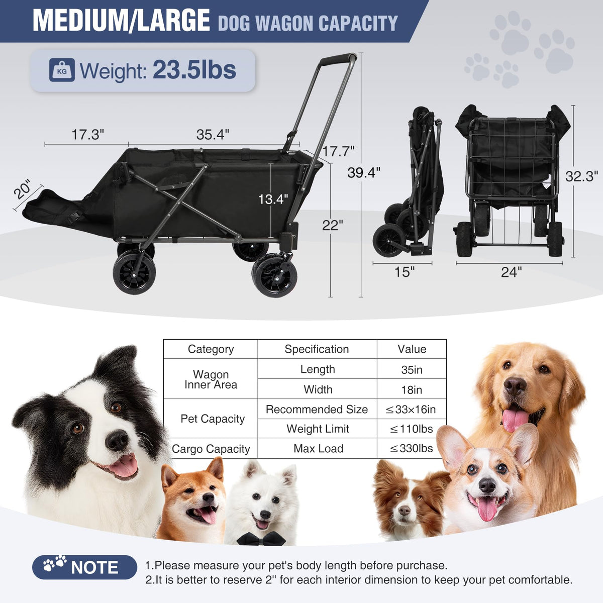Folding Dog Wagon Cart with Extendable Rear End, 220L Collapsible Utility Cart, Black U74150