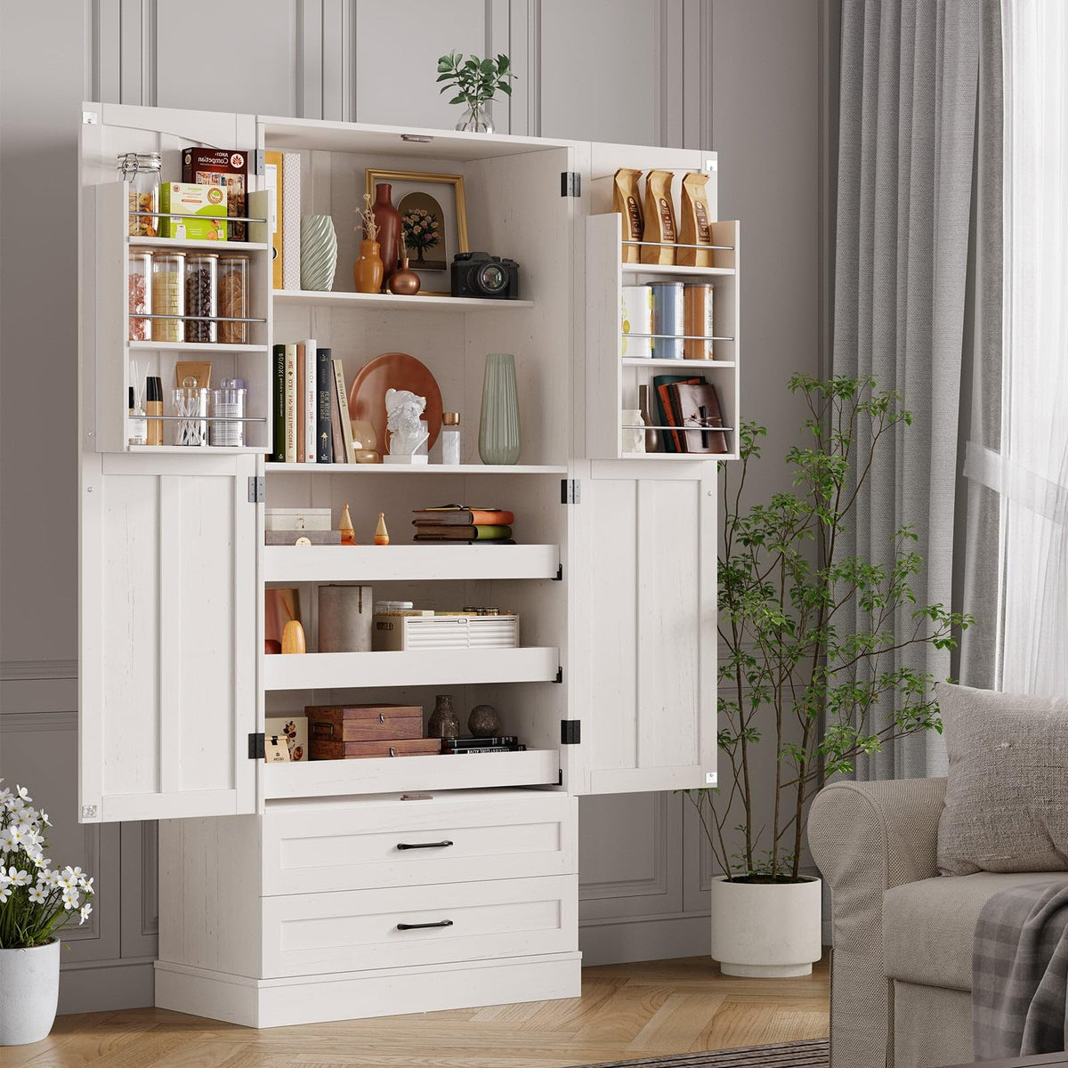 71" Off-White Kitchen Pantry Cabinet with 3 Pull-Out Shelf & 2 Drawer U639