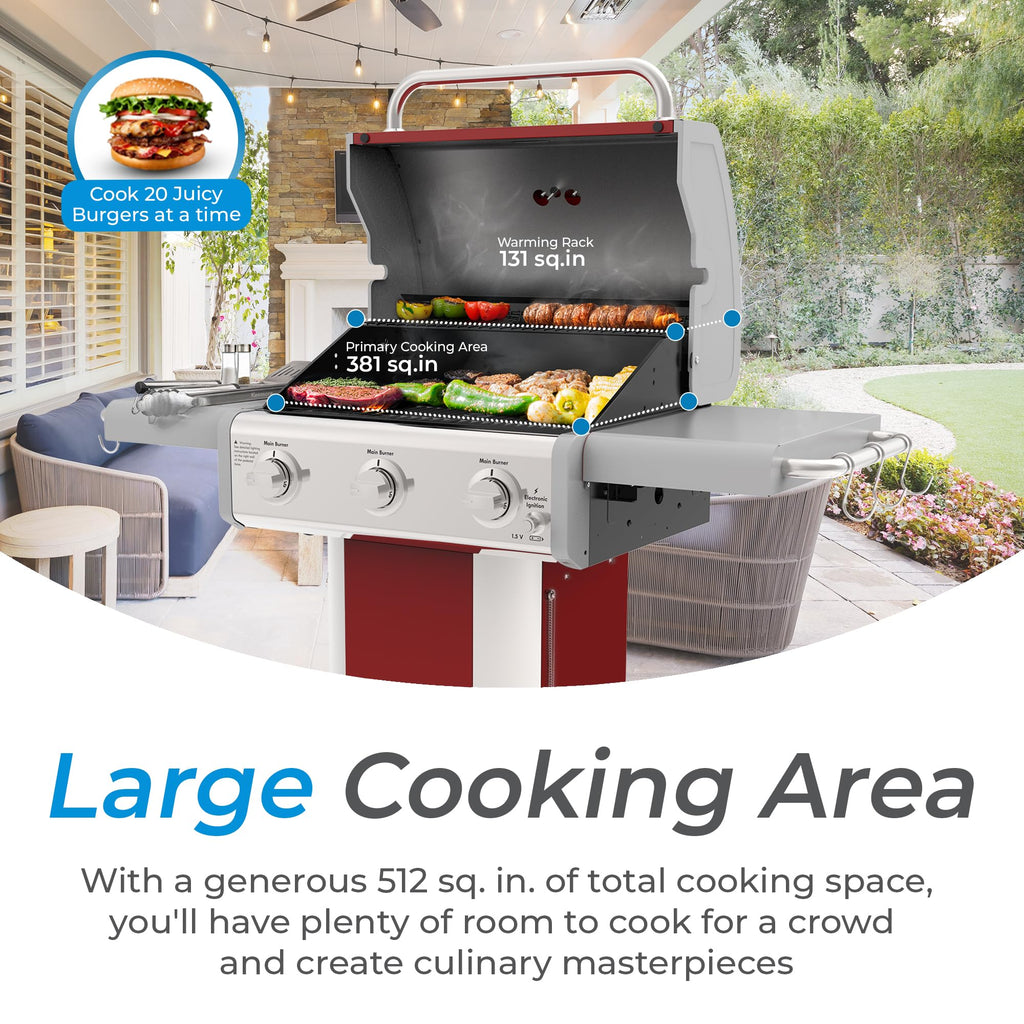 3-Burner Liquid Propane Gas Grill with Folding Sides, Wheels, 30000 BTU, Red Y200