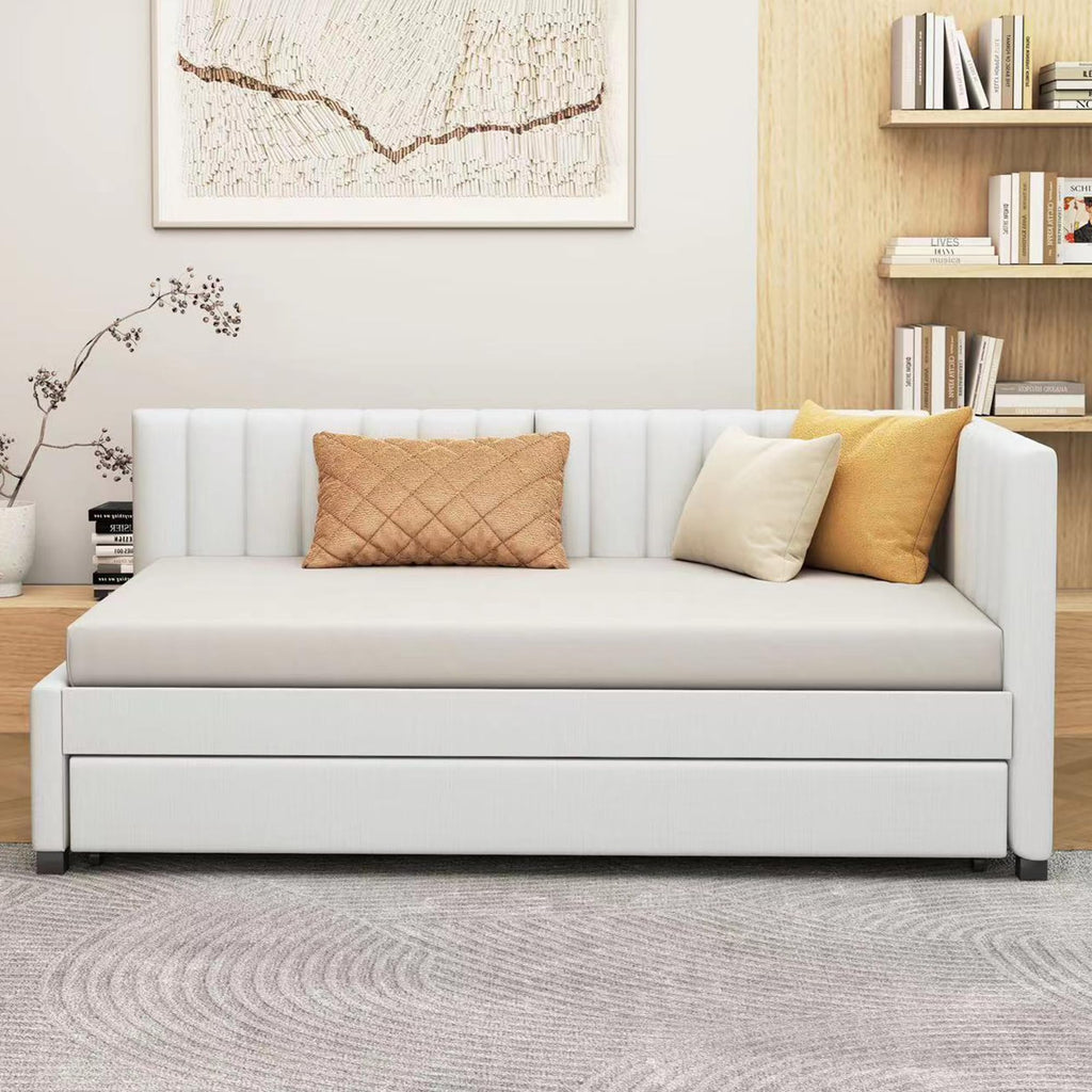 Upholstered Daybed with Trundle Linen Fabric Beige Twin D6510
