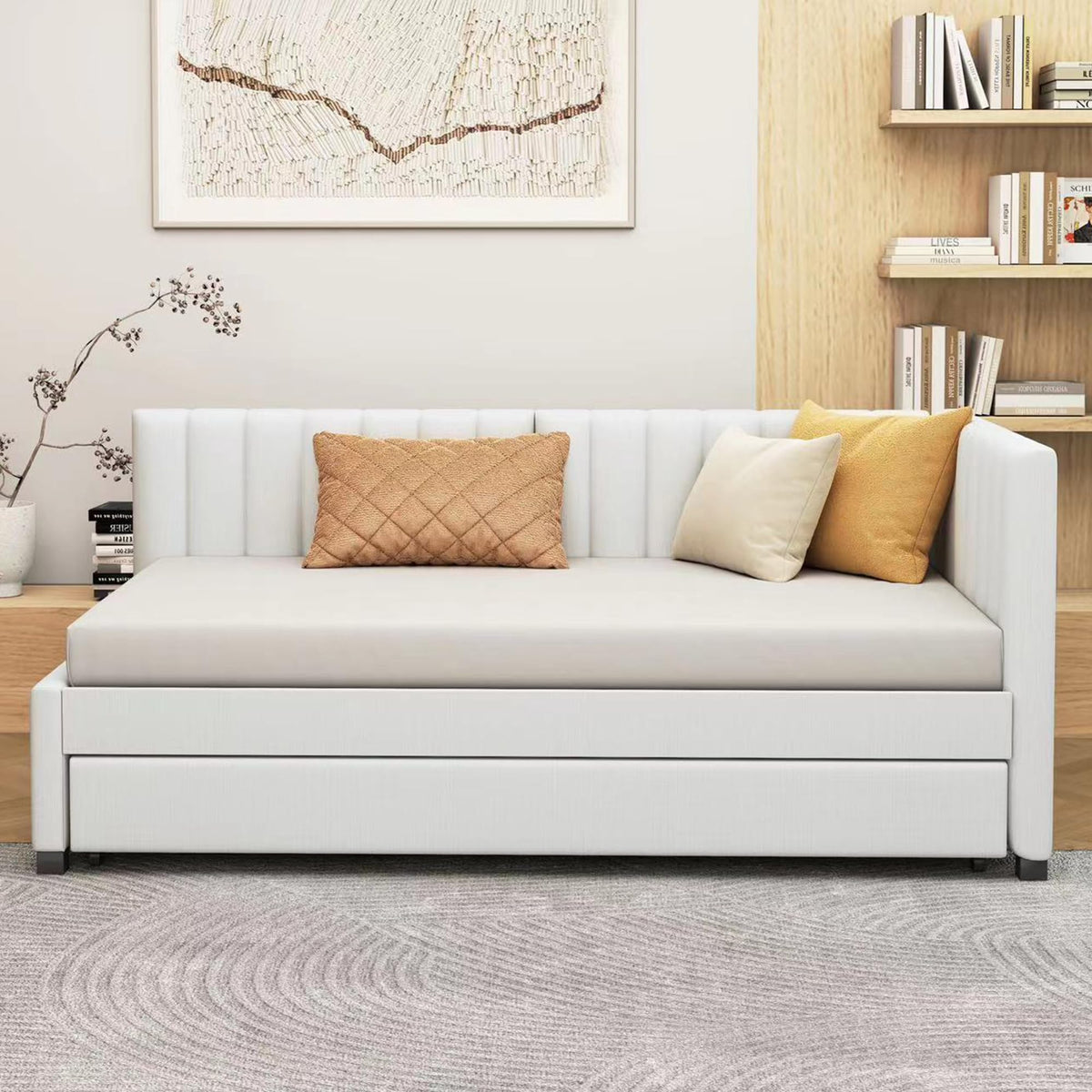 Upholstered Daybed with Trundle Linen Fabric Beige Twin D6510