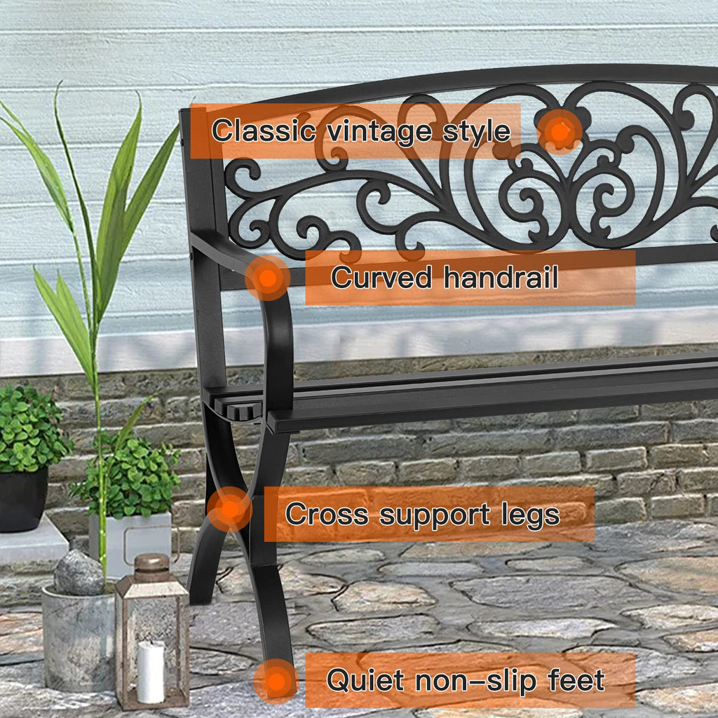 50 inch Black Metal Patio Garden Bench with Armrests V655458