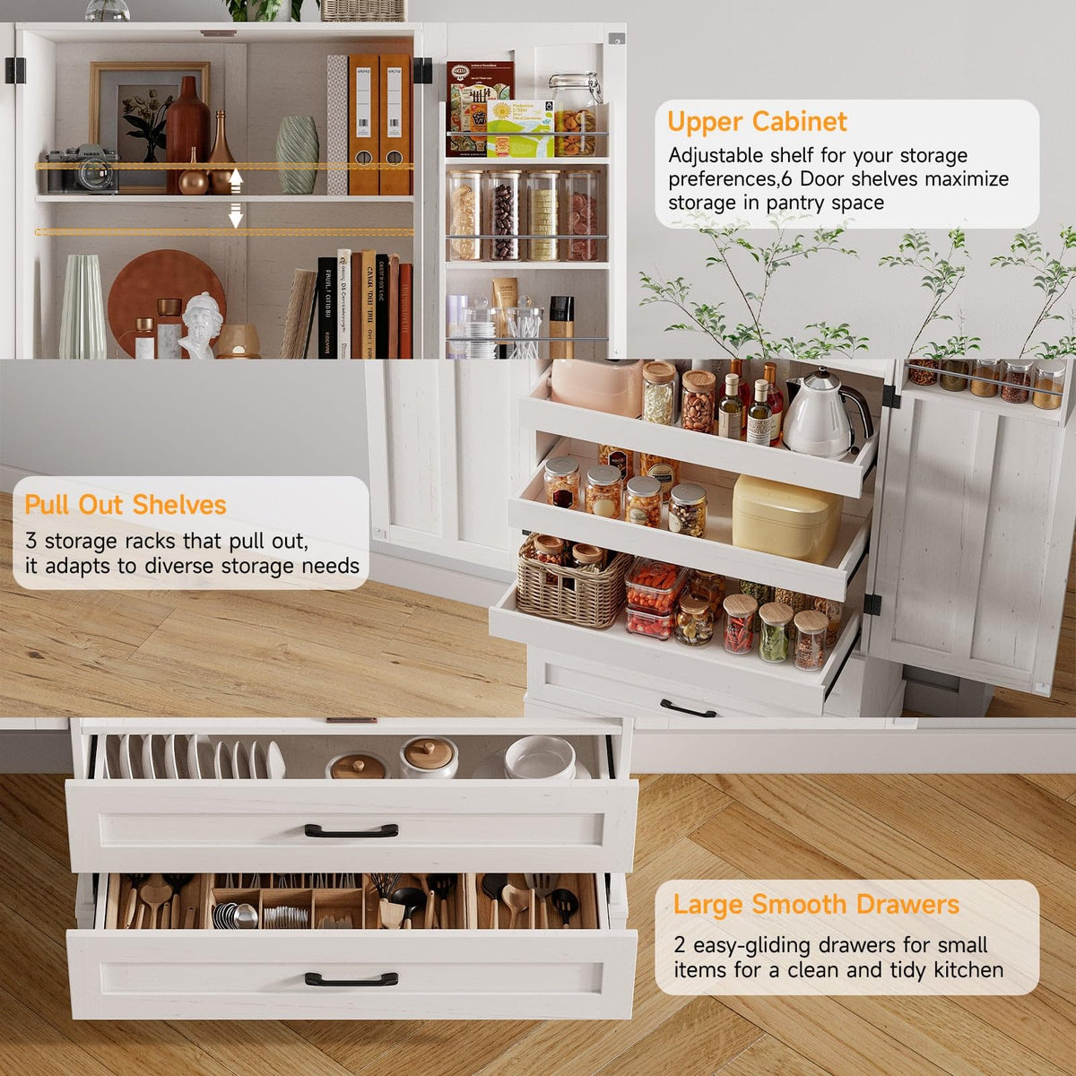 71" Off-White Kitchen Pantry Cabinet with 3 Pull-Out Shelf & 2 Drawer U639