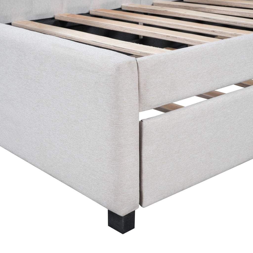Upholstered Daybed with Trundle Linen Fabric Beige Twin D6510