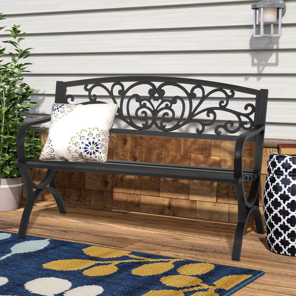 50 inch Black Metal Patio Garden Bench with Armrests V655458