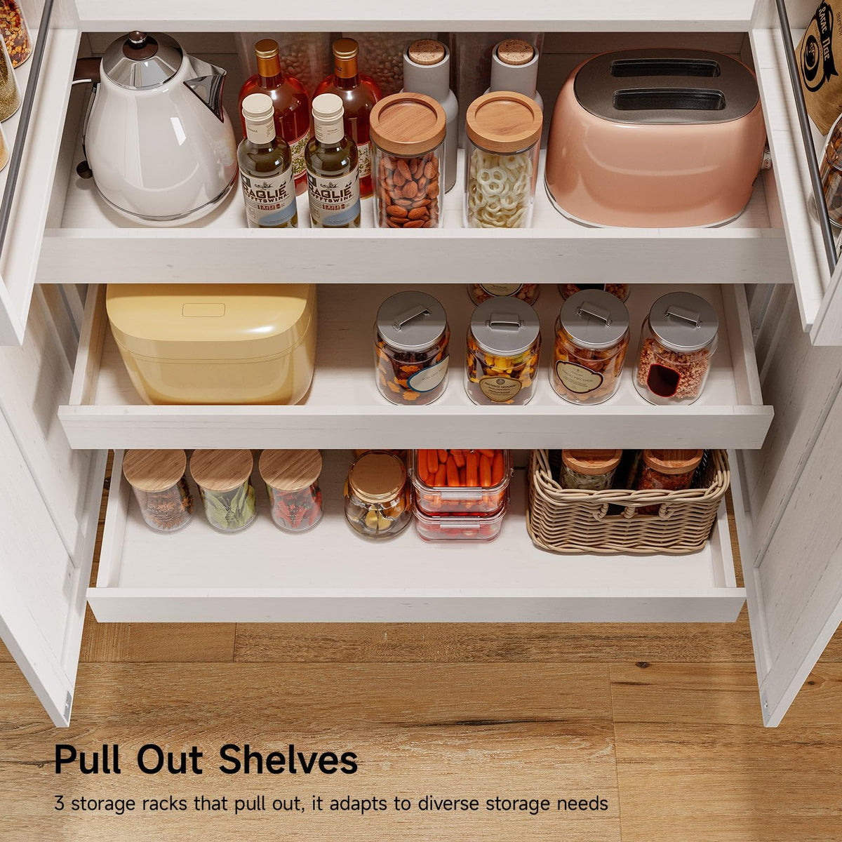 71" Off-White Kitchen Pantry Cabinet with 3 Pull-Out Shelf & 2 Drawer U639