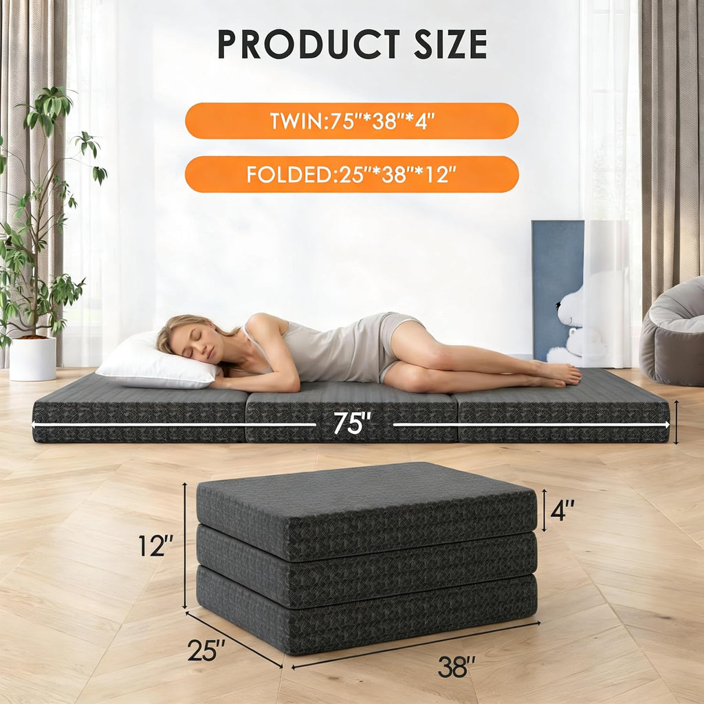 4 Inch Tri-Fold Twin Size Memory Foam Mattress with Washable Cover D216