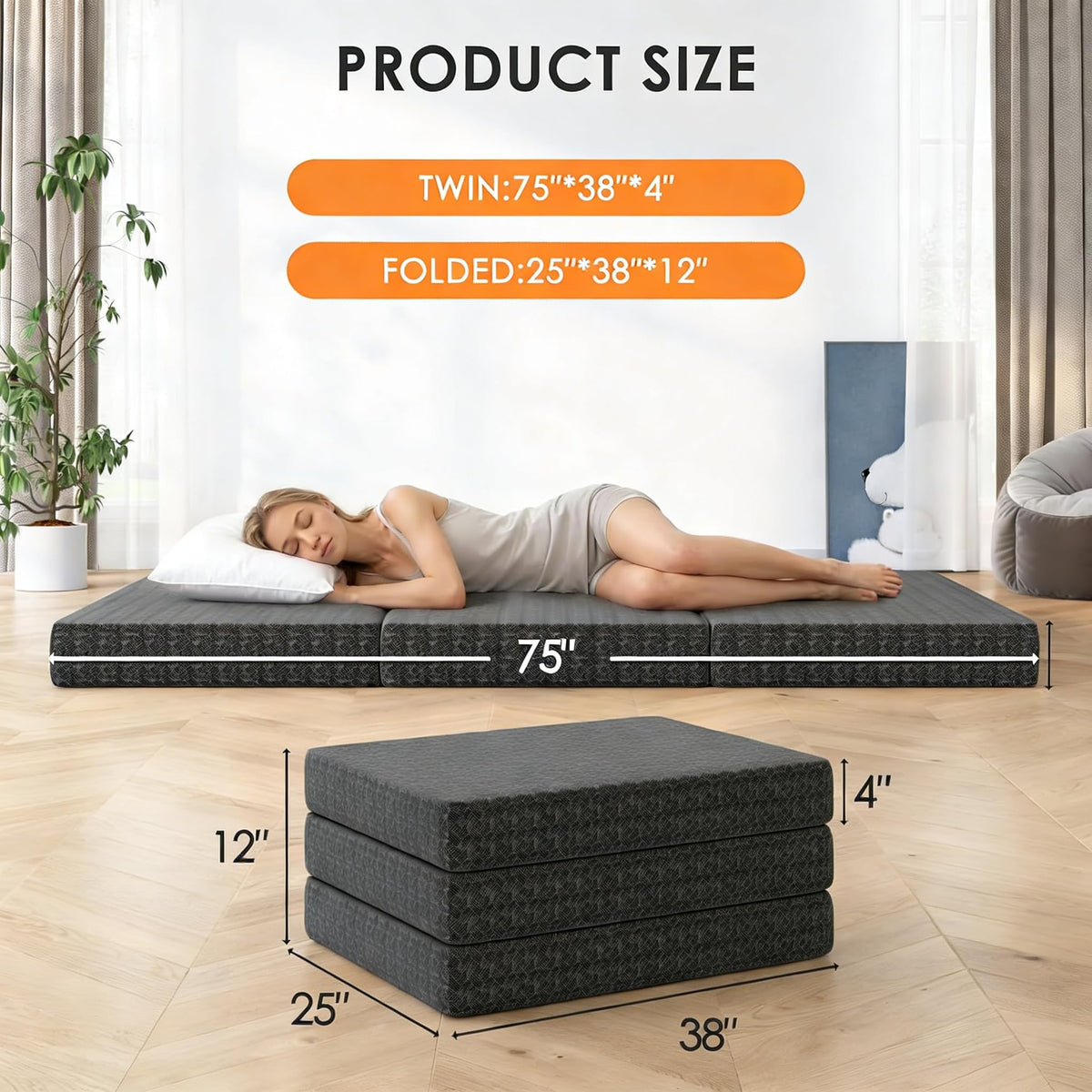 4 Inch Tri-Fold Twin Size Memory Foam Mattress with Washable Cover D216
