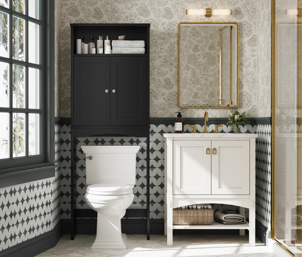 Over The Toilet Storage Cabinet with Adjustable Shelf and Double Door, Black G63899