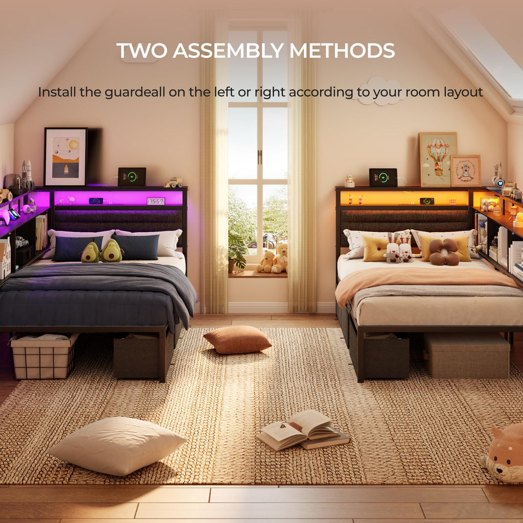 Twin Corner Bed Frame with Upholstered Headboard, 3 Storage Drawers P1929