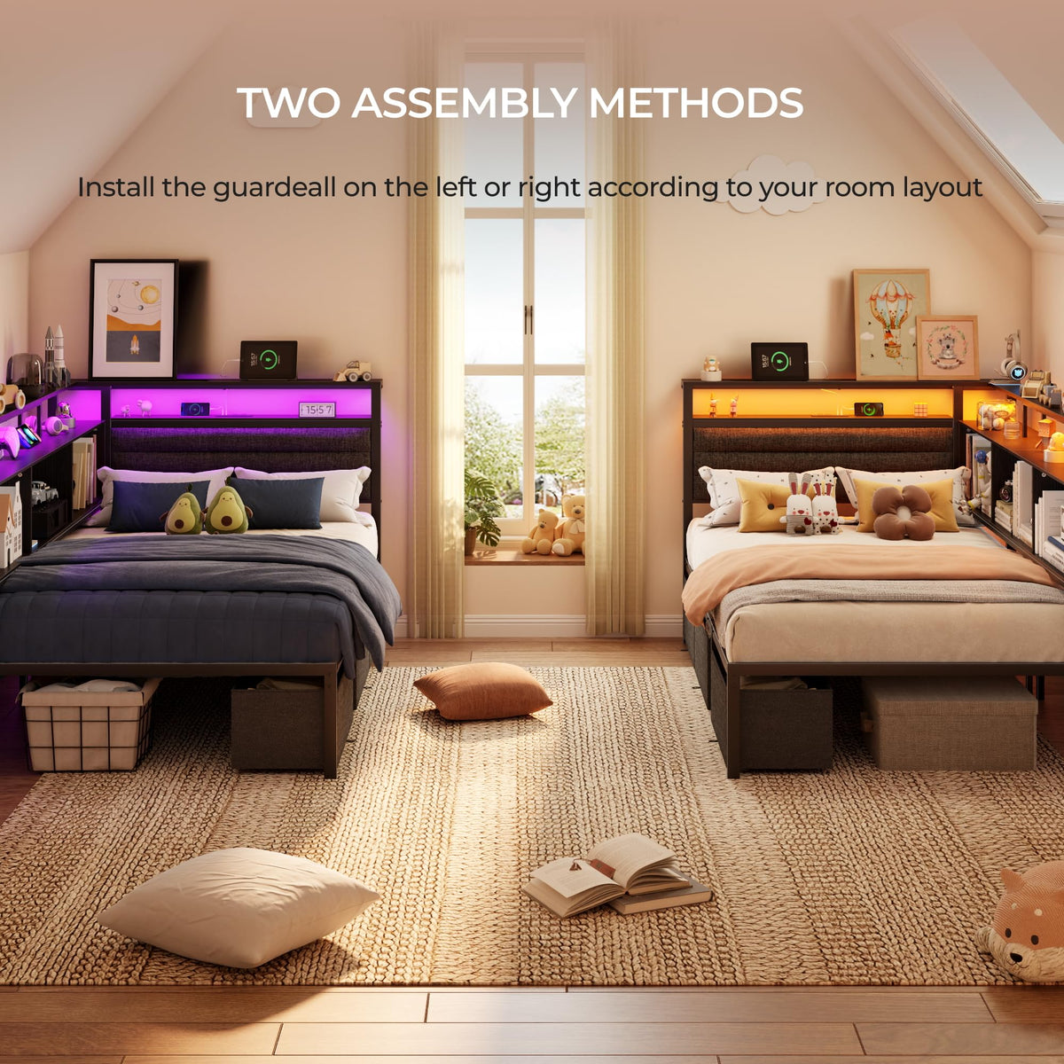 Twin Corner Bed Frame with Upholstered Headboard, 3 Storage Drawers P1929
