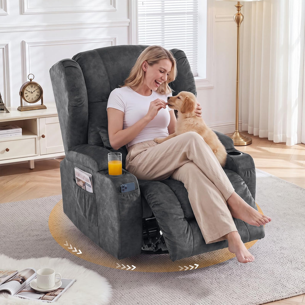 Oversized Velvet Swivel Rocker Recliner Chair with Cup Holders R48189