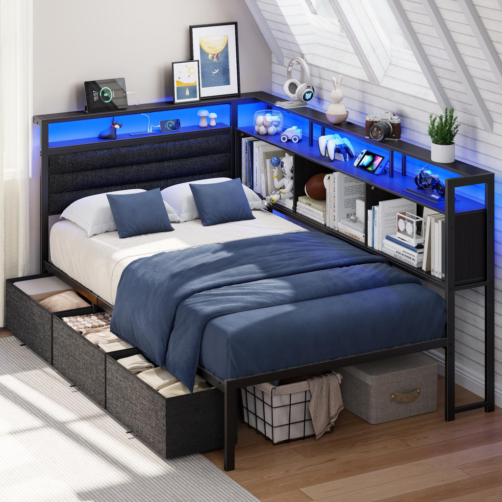 Twin Corner Bed Frame with Upholstered Headboard, 3 Storage Drawers P1929