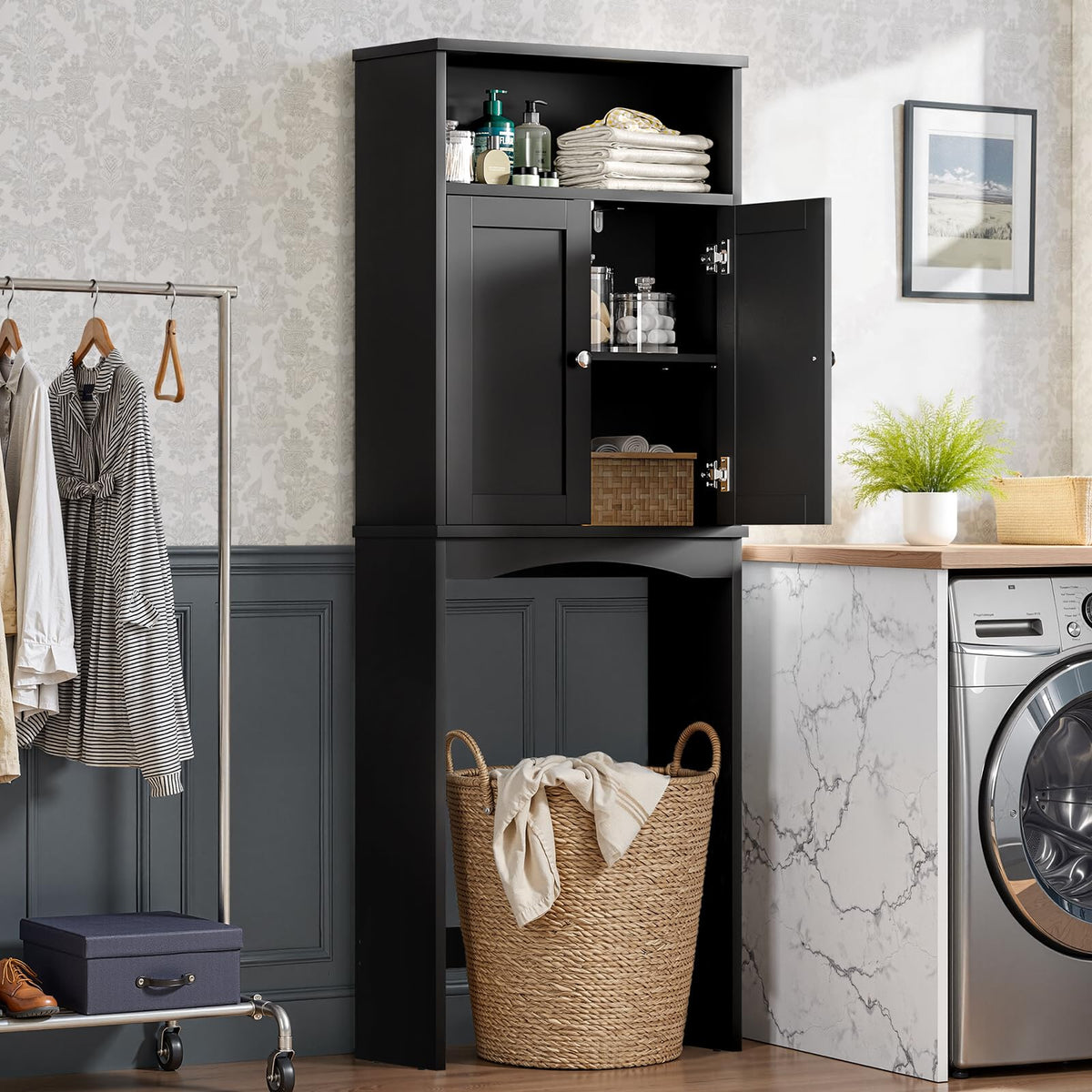 Over The Toilet Storage Cabinet with Adjustable Shelf and Double Door, Black G63899