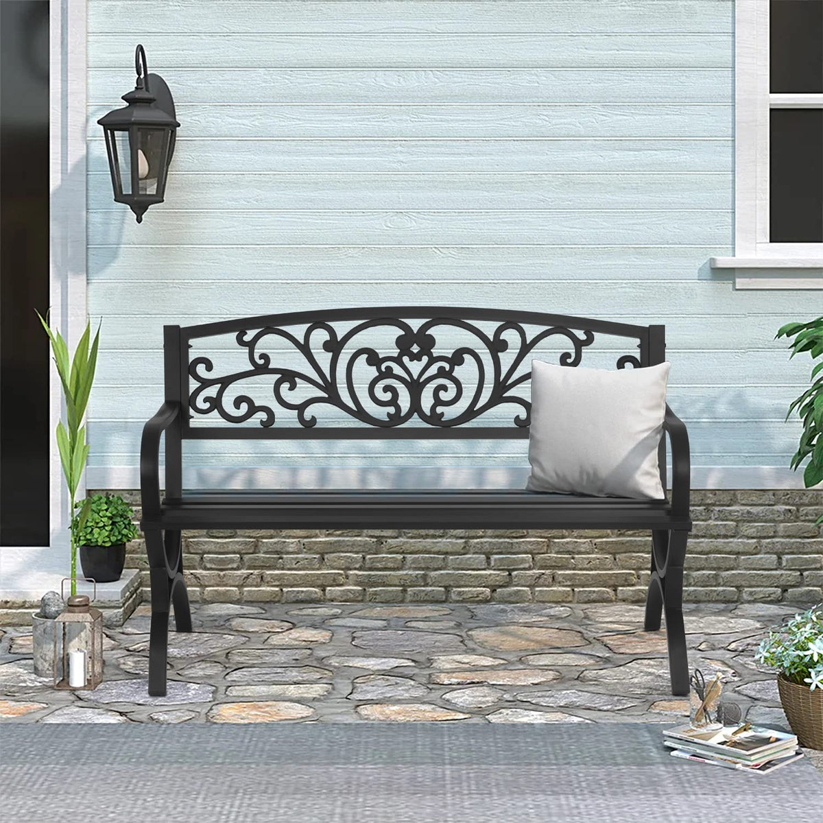 50 inch Black Metal Patio Garden Bench with Armrests V655458