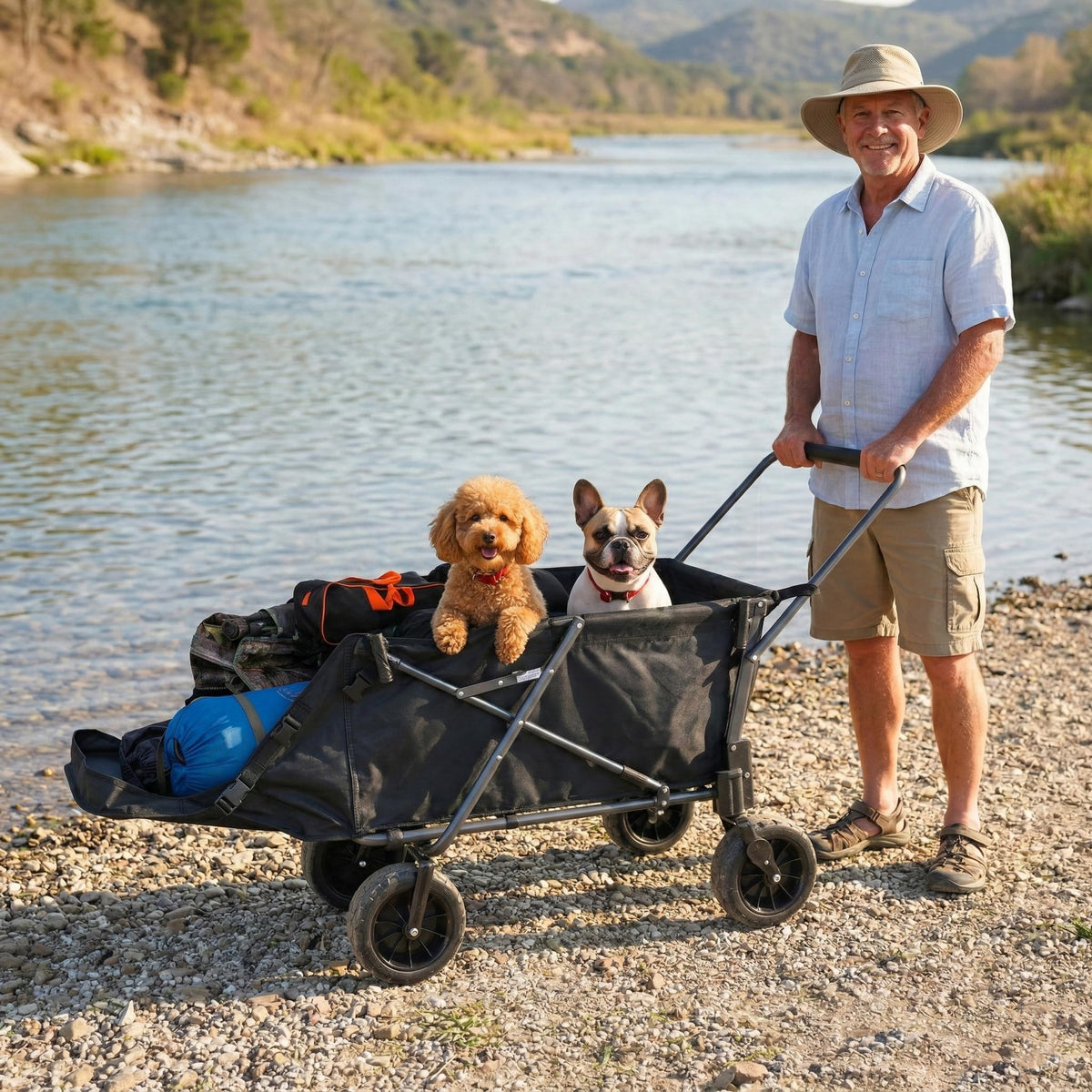 Folding Dog Wagon Cart with Extendable Rear End, 220L Collapsible Utility Cart, Black U74150