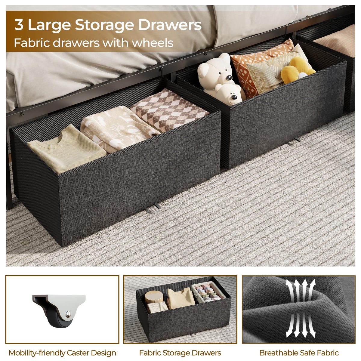 Twin Corner Bed Frame with Upholstered Headboard, 3 Storage Drawers P1929