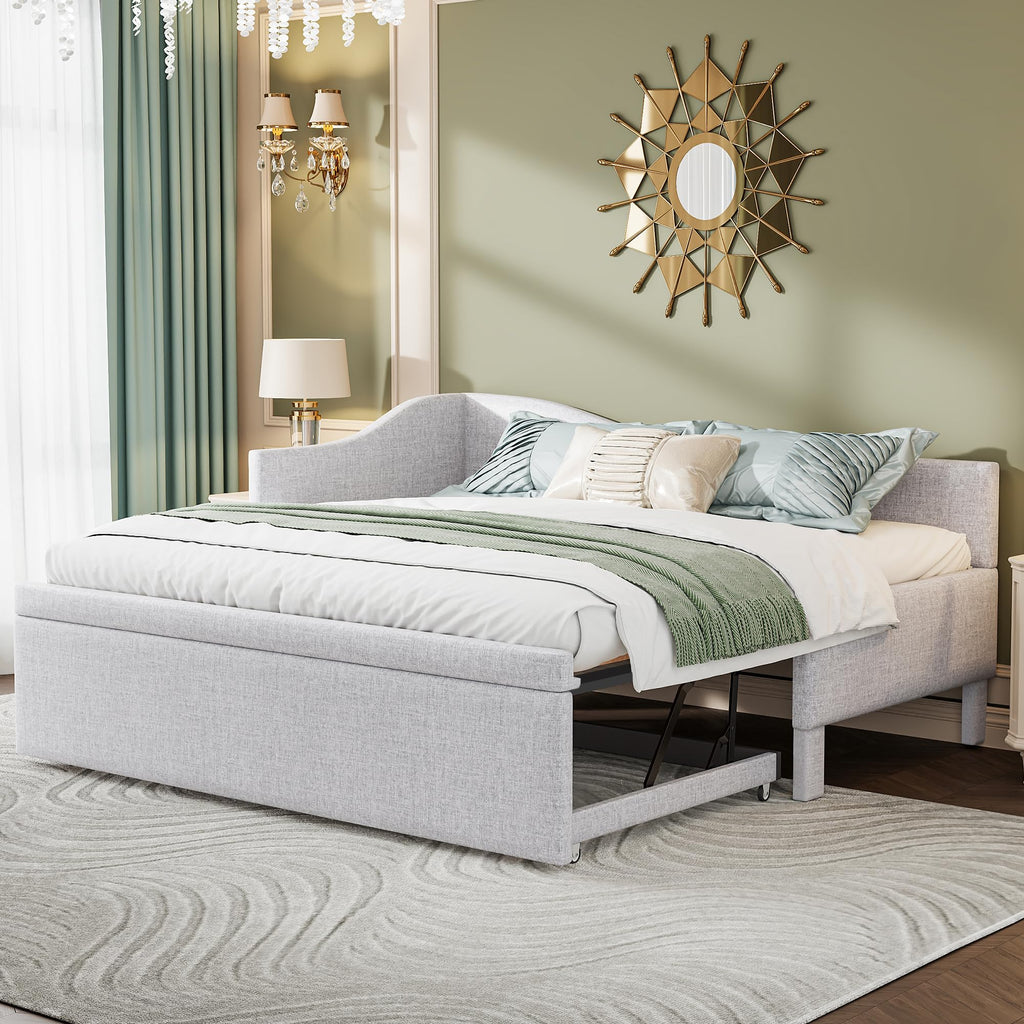 Beige Linen Upholstered Twin Size L-Shaped Daybed with Pop Up Trundle T154169