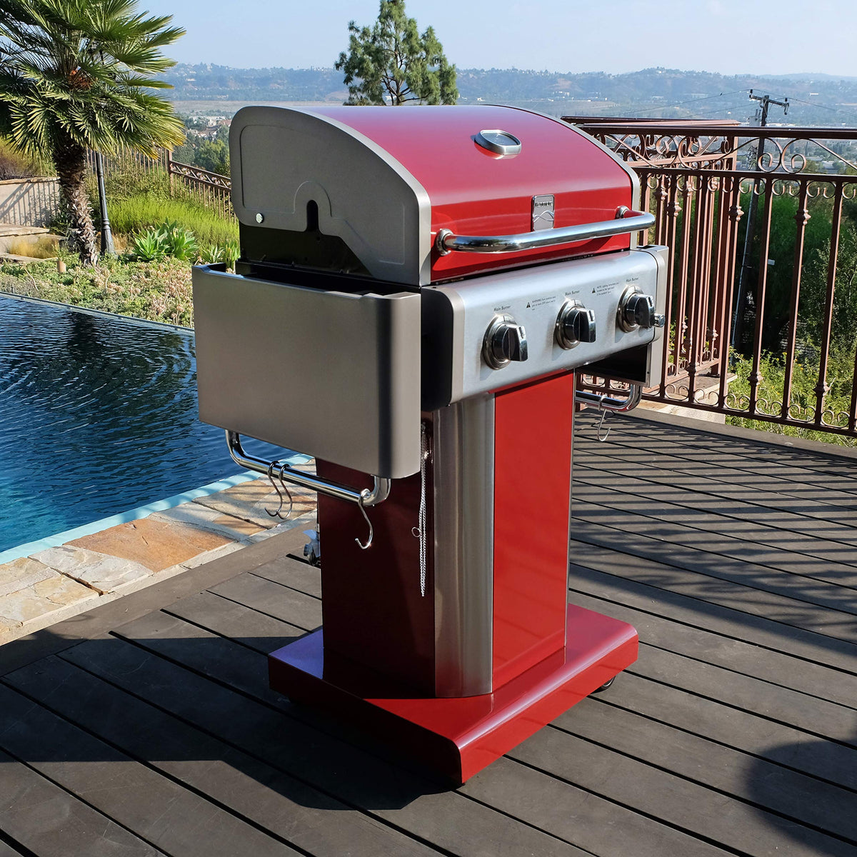 3-Burner Liquid Propane Gas Grill with Folding Sides, Wheels, 30000 BTU, Red Y200